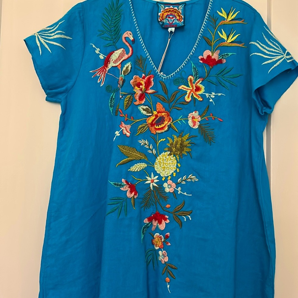 Johnny Was Linen Tropical Embroidered Blue Dress - Picture 3 of 6
